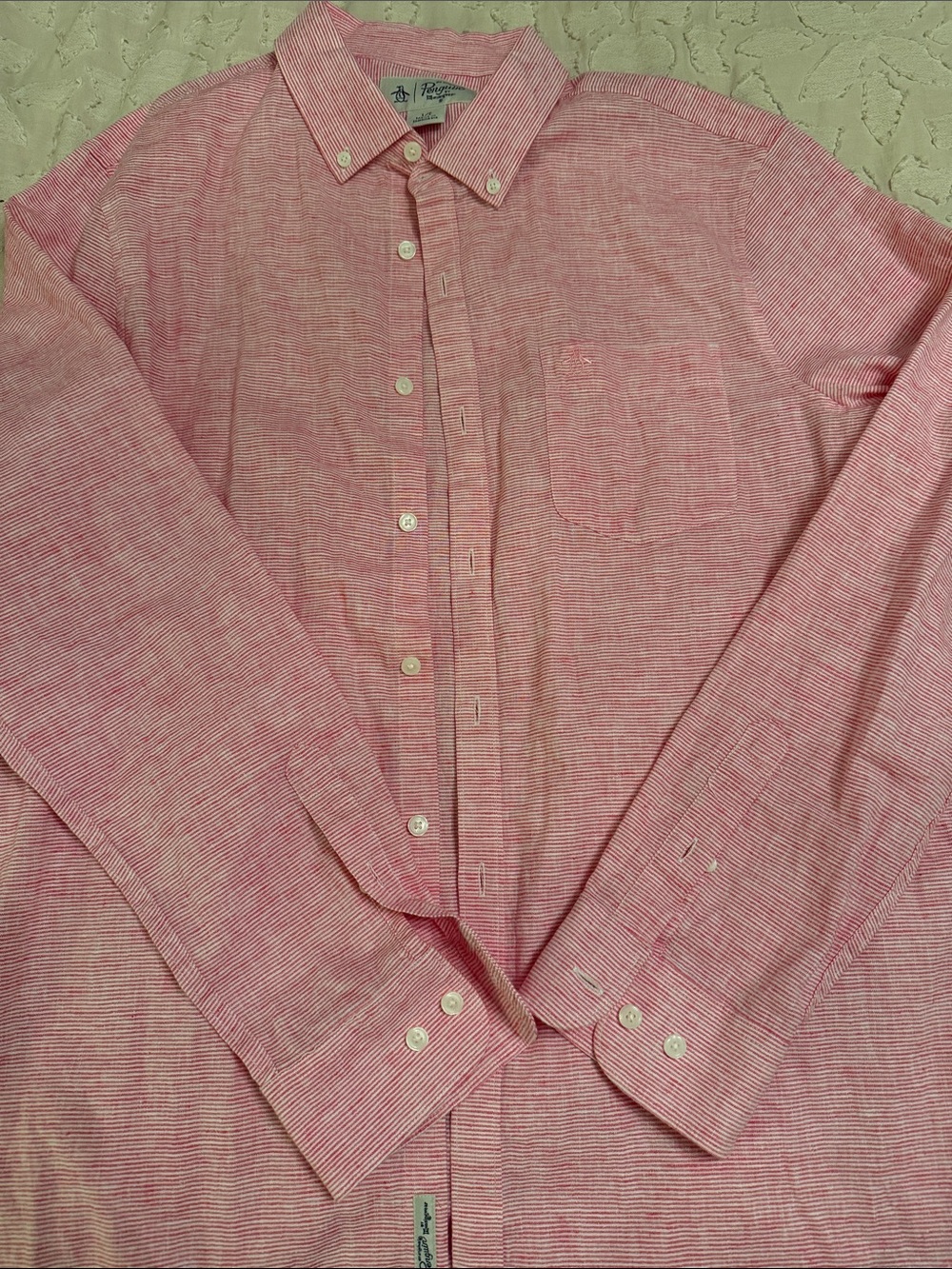 Penguin Reddish- Pink Linen Striped Button-Down Shirt